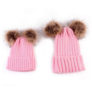mommy and me pompom pink beanies