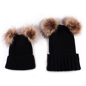 mommy and me pompom black beanies