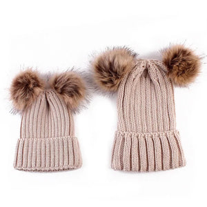 mommy and me pompom beige beanies