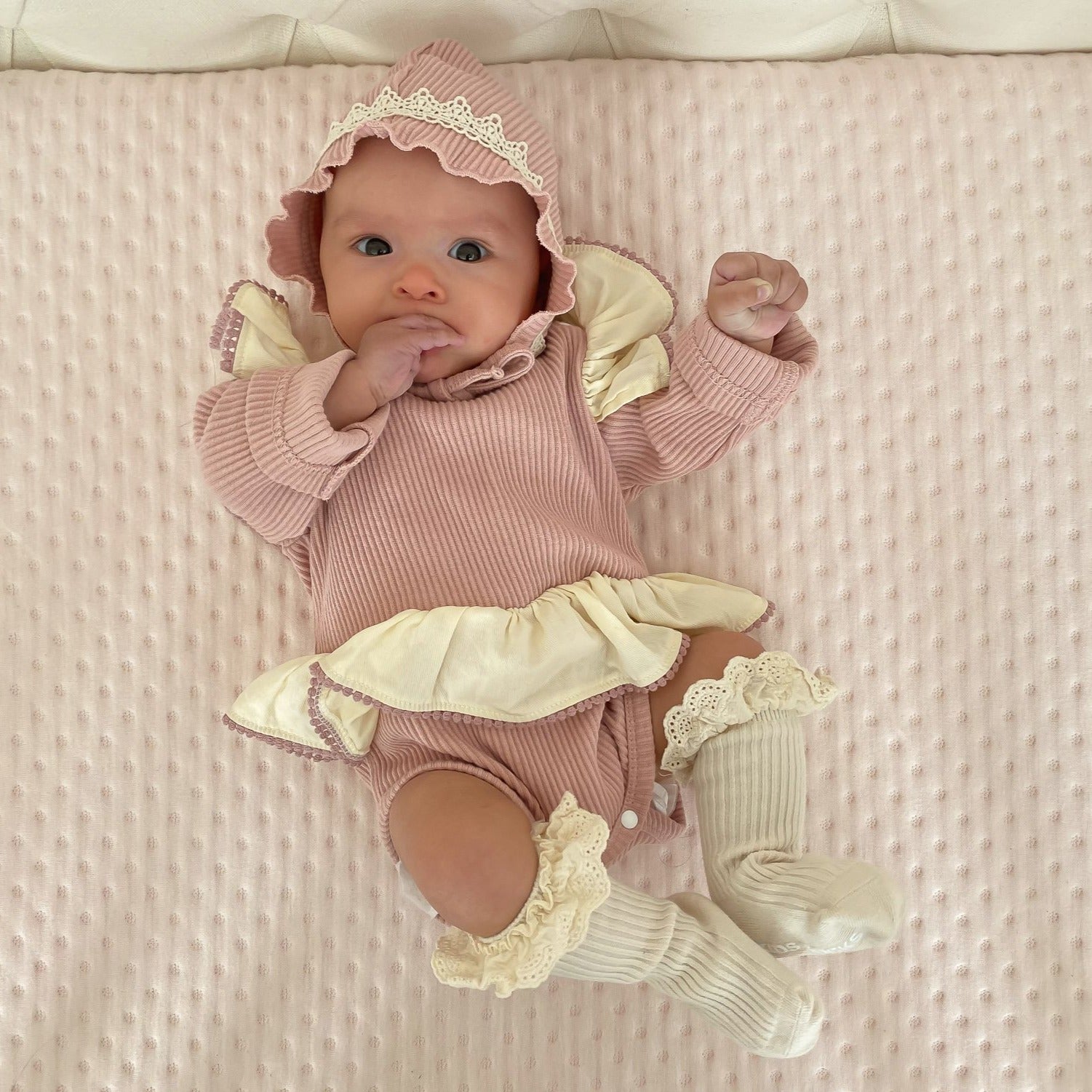 Peplum Ruffle Romper Bonnet Set Meadow Ivy - Main Image