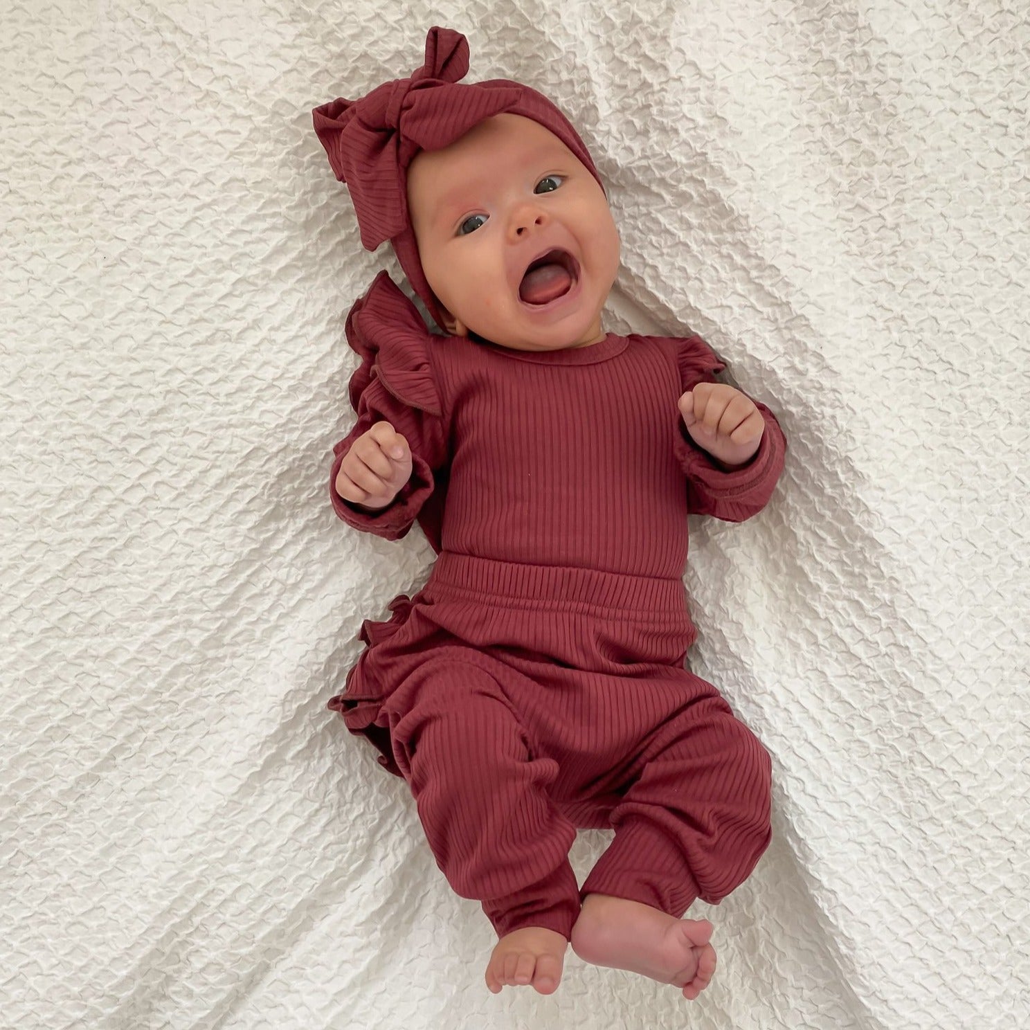 Ribbed Ruffle Pant Set w/Headband