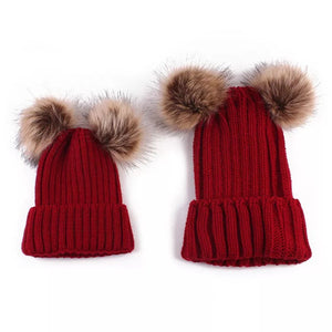 mommy and me pompom red beanies