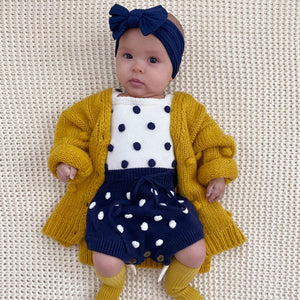 bobble sweater romper chunky knit popcorn cardigan navy bow headband