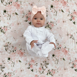 Organic zipper footie G.O.T.S certified white gender neutral baby sleeper blush pink bow headband