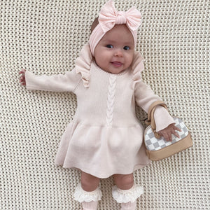 creamy pale pink flutter sleeve sweater dress for babies checkered mini purse eyelet ruffle socks
