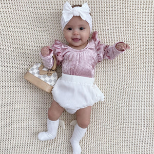 baby pink velvet flutter sleeve onesie angel wing socks ruffle butt