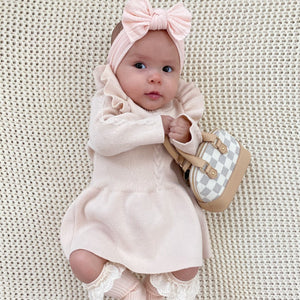 creamy pale pink flutter sleeve sweater dress for babies checkered mini purse eyelet ruffle socks