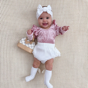 baby pink velvet flutter sleeve onesie angel wing socks ruffle butt