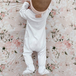 Organic zipper footie G.O.T.S certified white gender neutral baby sleeper blush pink bow headband