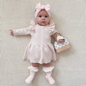 creamy pale pink flutter sleeve sweater dress for babies checkered mini purse eyelet ruffle socks