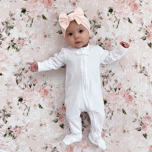 Organic zipper footie G.O.T.S certified white gender neutral baby sleeper blush pink bow headband