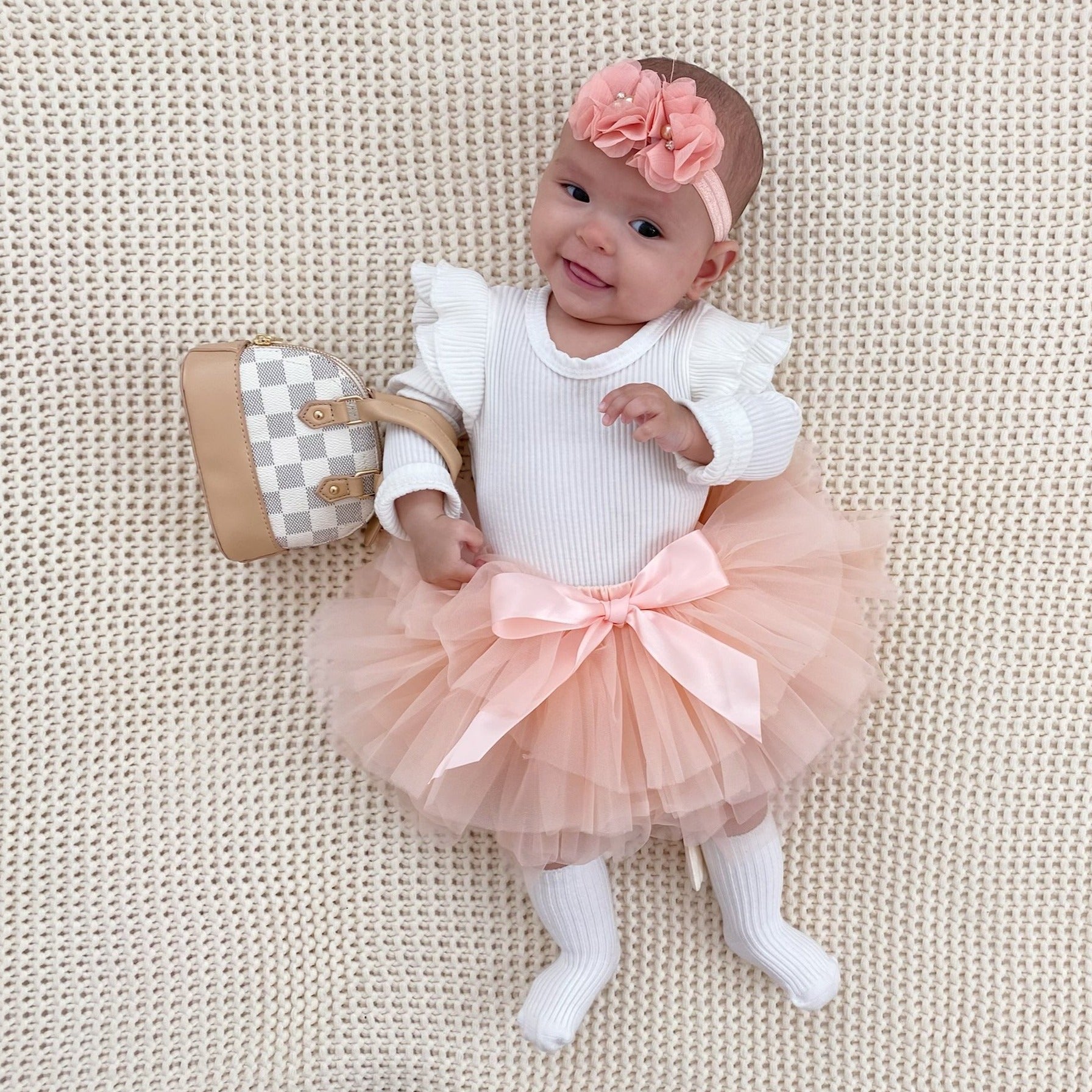 blush pink tutu skirt headband set checkered mini baby toddler purse